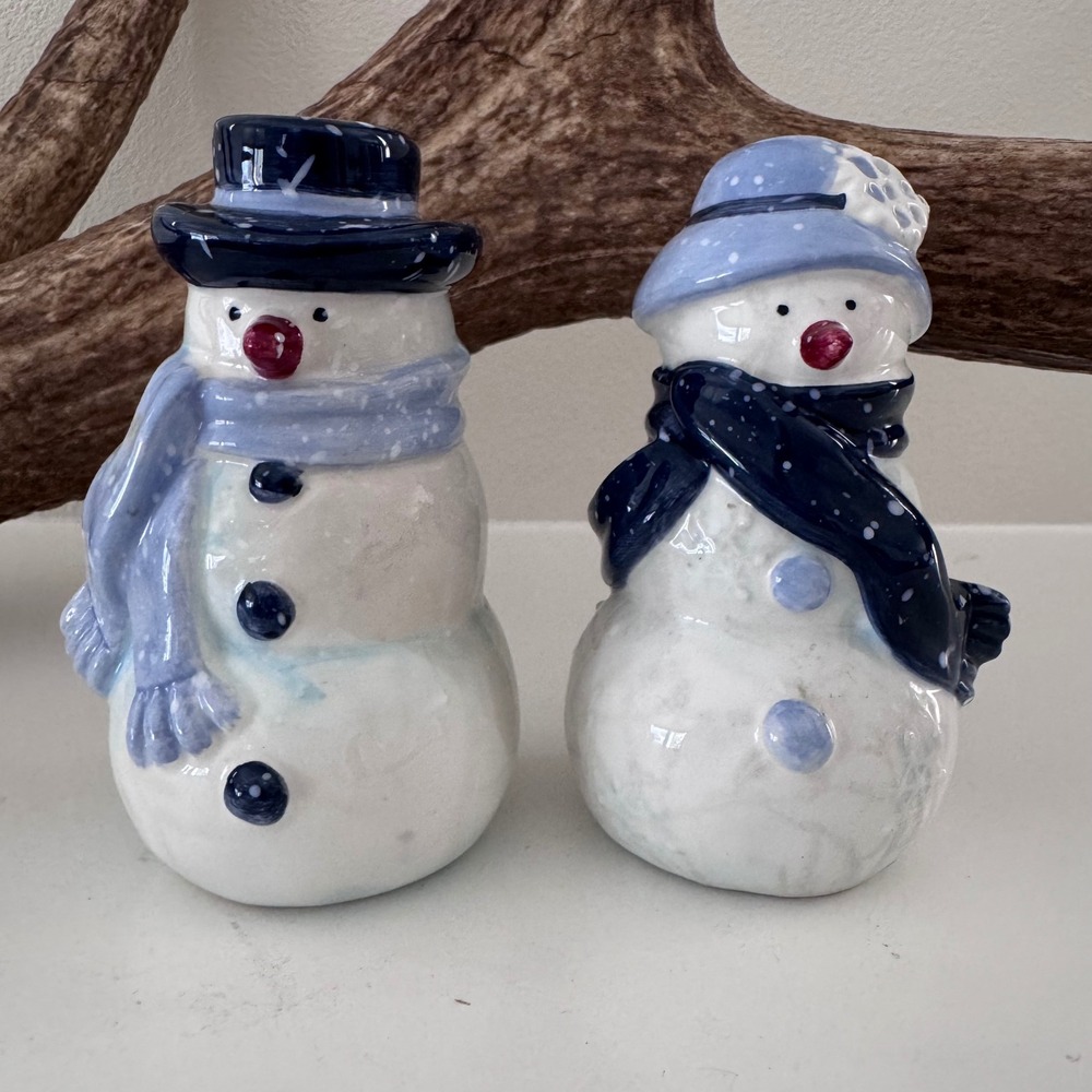 Home Brand Snowman Salt and Pepper Shakers Ceramic Blue White Winter Christmas